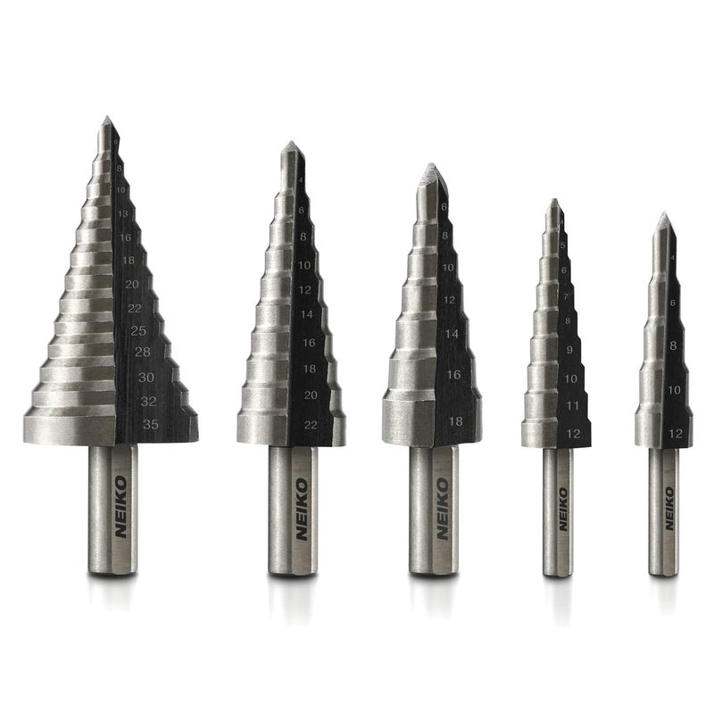 NEIKO 10198A Step Drill Bit Set | 5 Piece, 4mm- 35mm | Metric Titanium High Speed Steel Unibit, Stepper Cone Drill Bit | Two Flute Step Down Bits, 135 Degree Point - Image 1